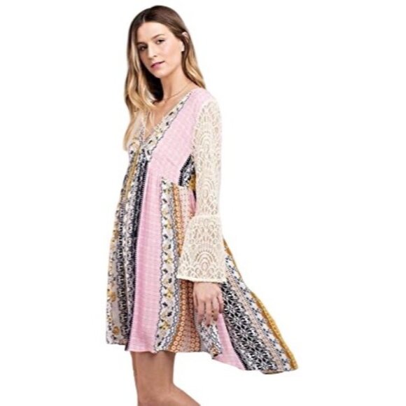 Boutique Mixed Print & Lace Bell Sleeve Boho Cottagecore Mini Dress - Picture 9 of 12